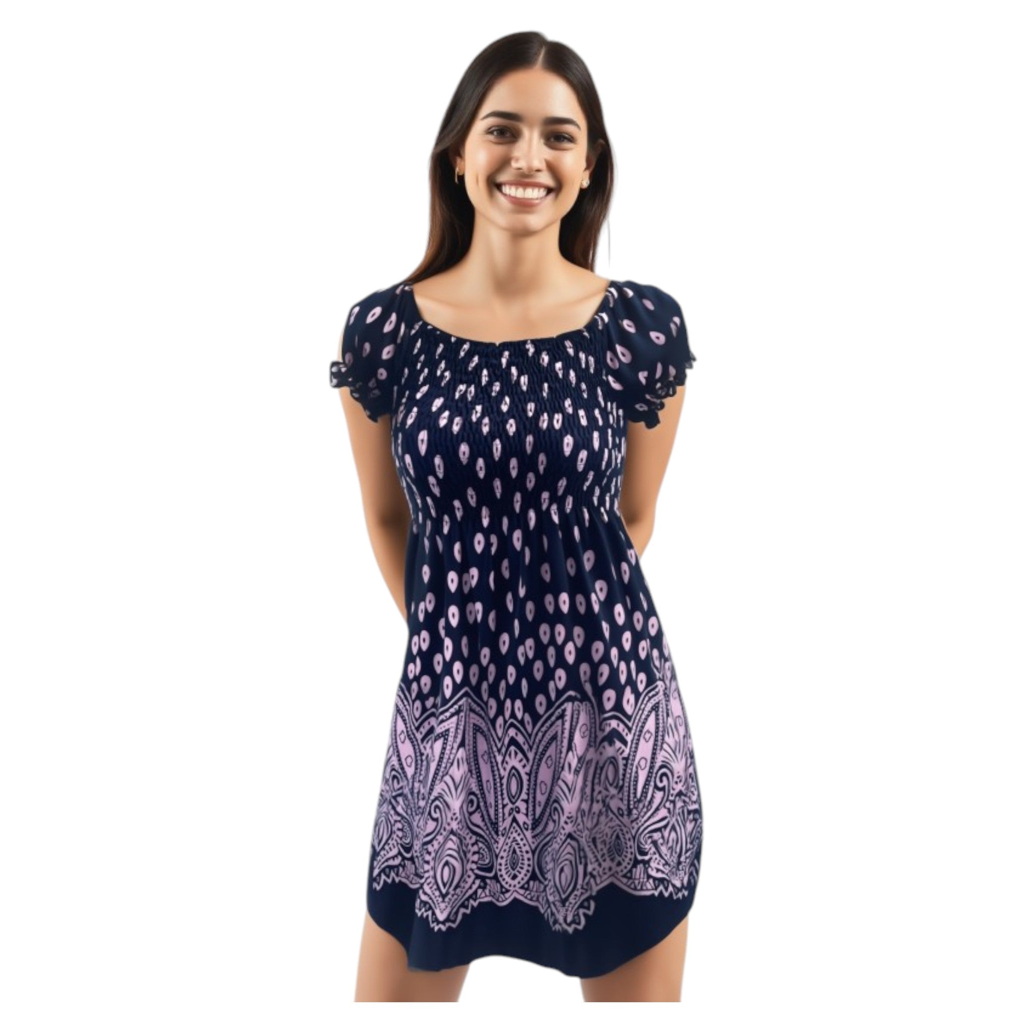 Navy pink summer dress with teardrop print and paisley hem β lightweight casual women's beach dressdress